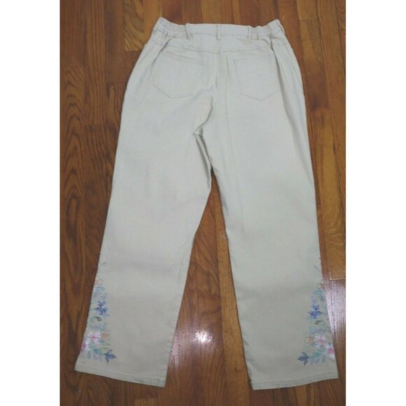WOMEN'S KHAKI COLORED JEANS - FLORAL EMBROIDERY - DENIM & CO - SIZE PM - Picture 6 of 7